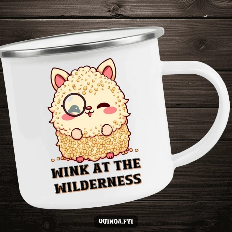 Funny camping mug featuring a quinoa pile with a monocle, winking playfully for refined outdoor enjoyment.