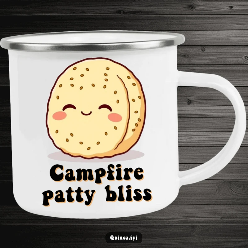 Funny quinoa patty character camping mug, smiling serenely, perfect for enjoying drinks during peaceful outdoor adventures.