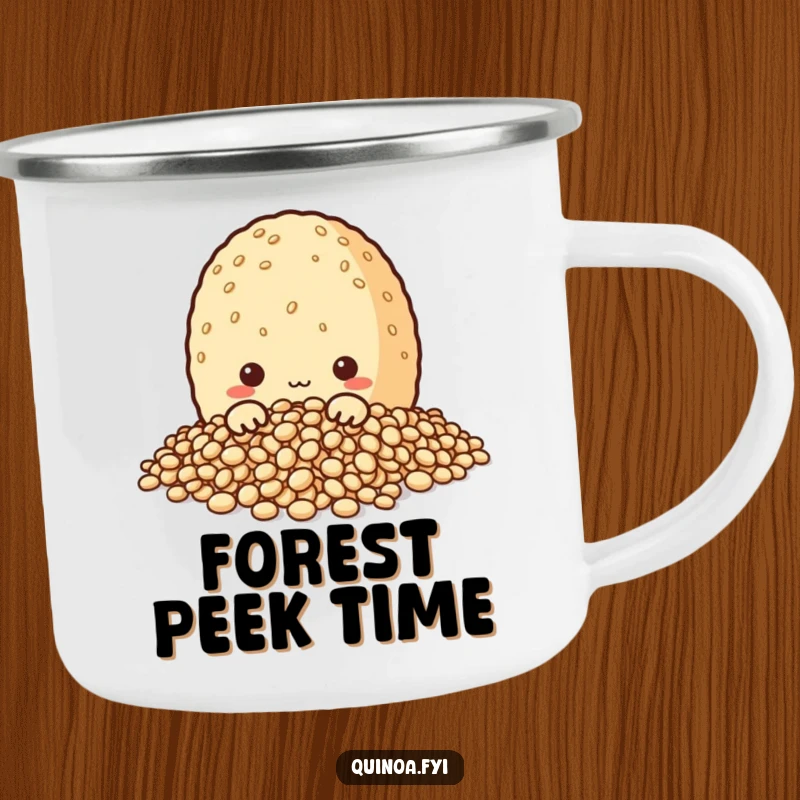 Durable, funny camping mug with a curious quinoa grain character peeking from its grains, perfect for enjoying beverages outdoors with a humorous touch.