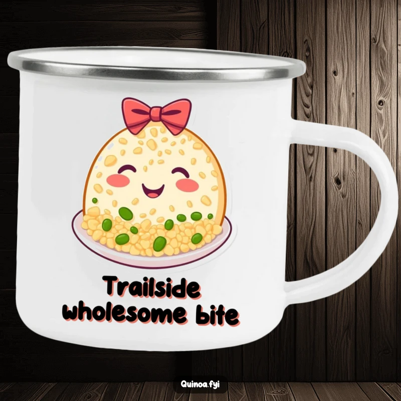 Funny Quinoa Plate Camping Mug, a beaming, grinning plate of food bowing politely outdoors, ideal funny gift.