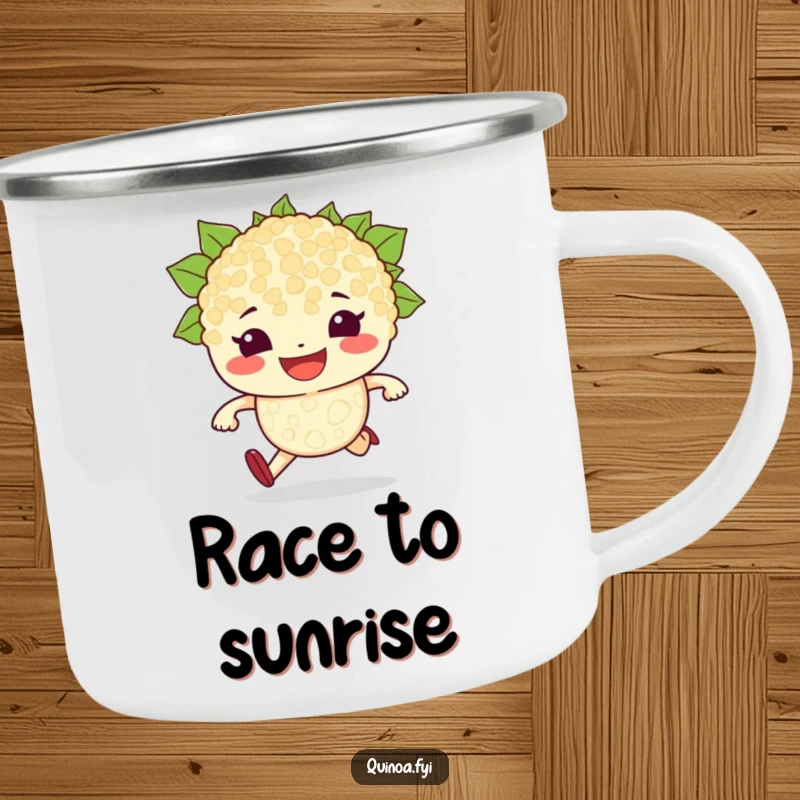 Durable, funny camping mug with a determined, grinning quinoa grain character poised for a race, perfect for enjoying beverages outdoors.