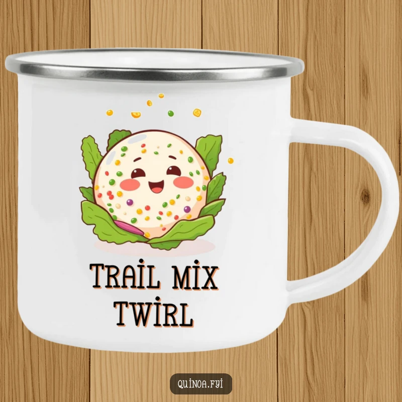 Funny quinoa salad camping mug where a happy salad with a cheerful expression is spinning with outdoor cheer.