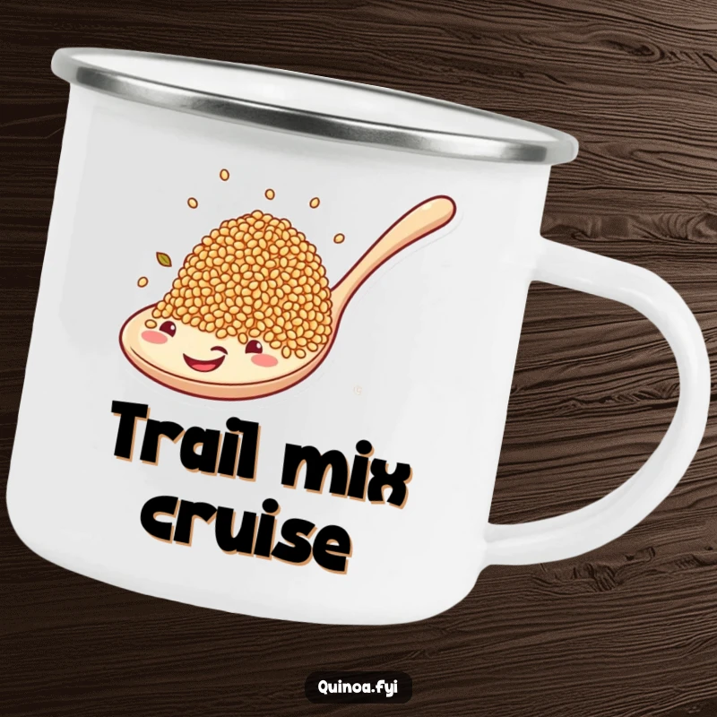 Funny camping mug with smiling quinoa grains riding a giant spoon, designed for outdoor enthusiasts who enjoy humor.