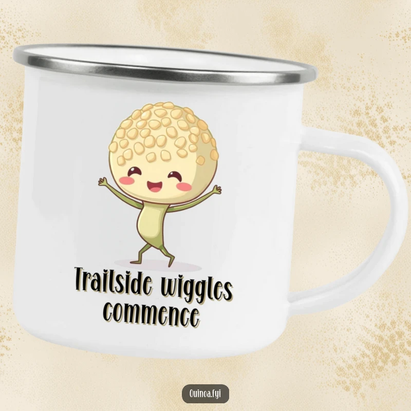 Funny Quinoa Sprout Camping Mug showing a dancing character with wiggling roots, bringing portable fun and energy to outdoor drinks.