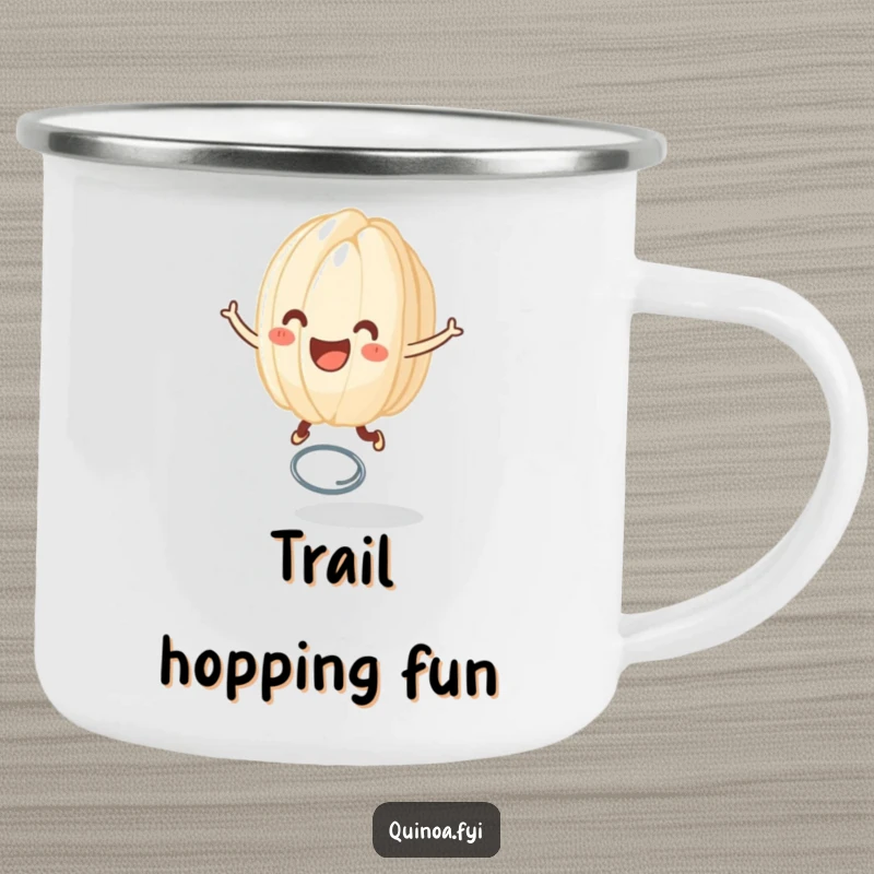 Funny camping mug with a smiling anthropomorphic grain of rice joyfully bouncing on a spring, perfect for outdoor trips filled with happiness.