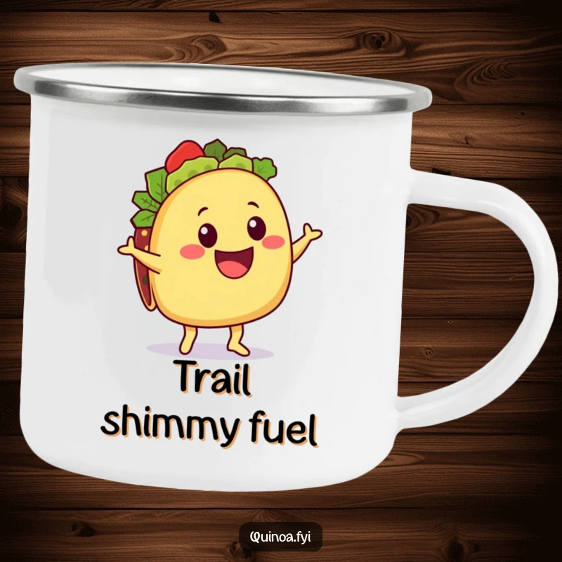 Funny Taco Camping Mug: A delighted taco character with a quinoa filling doing a happy shimmy, perfect for enjoying drinks outdoors with humor.