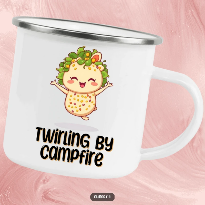 Funny winking anthropomorphic quinoa salad twirling, bringing joy to your outdoor adventures.