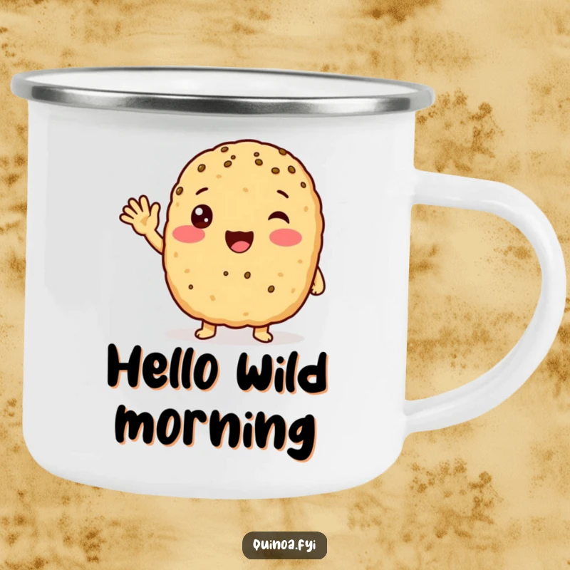 Funny anthropomorphic quinoa patty with a friendly wave, looking excited camping mug, perfect for enjoying drinks outdoors with a cheerful greeting.