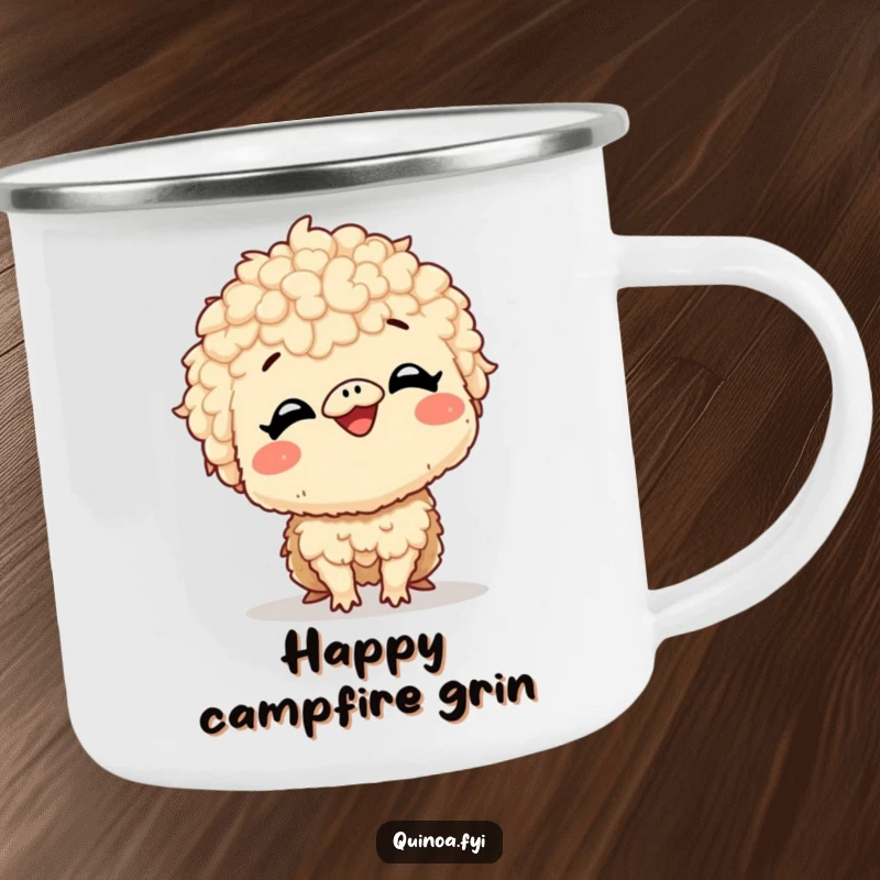 Funny camping mug with a giggling quinoa creature with a very large, excited smile, durable and cheerful for outdoor use.