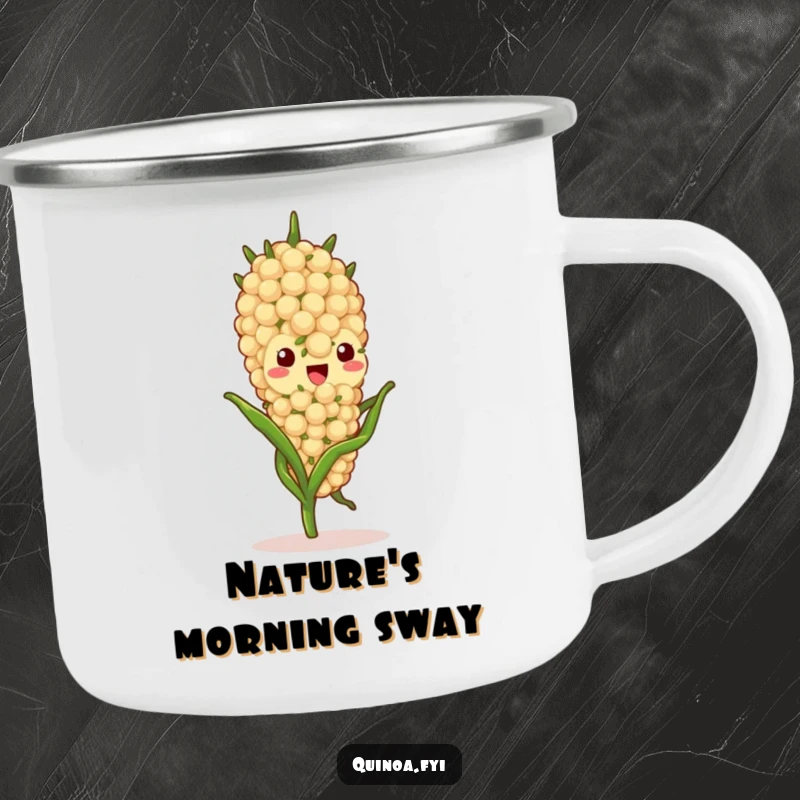 Funny quinoa stalk character camping mug, gently swaying, perfect for enjoying drinks during peaceful outdoor adventures.