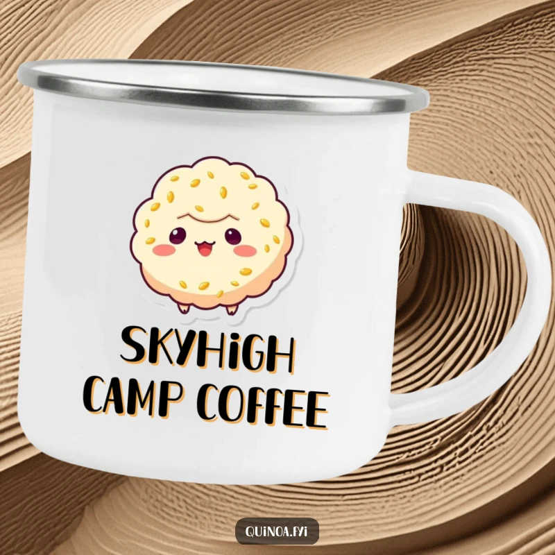 Funny quinoa puff character camping mug, floating with a mischievous grin, ready for outdoor adventures and morning beverages.