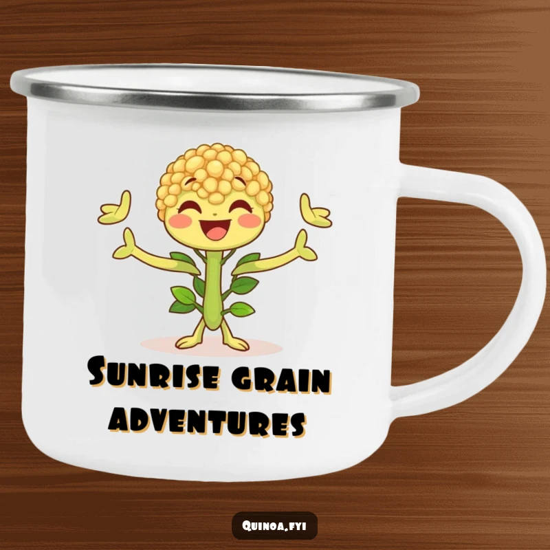 Funny Quinoa Plant Camping Mug featuring a happy character with arms outstretched, ideal for enjoying beverages outdoors with a smile.