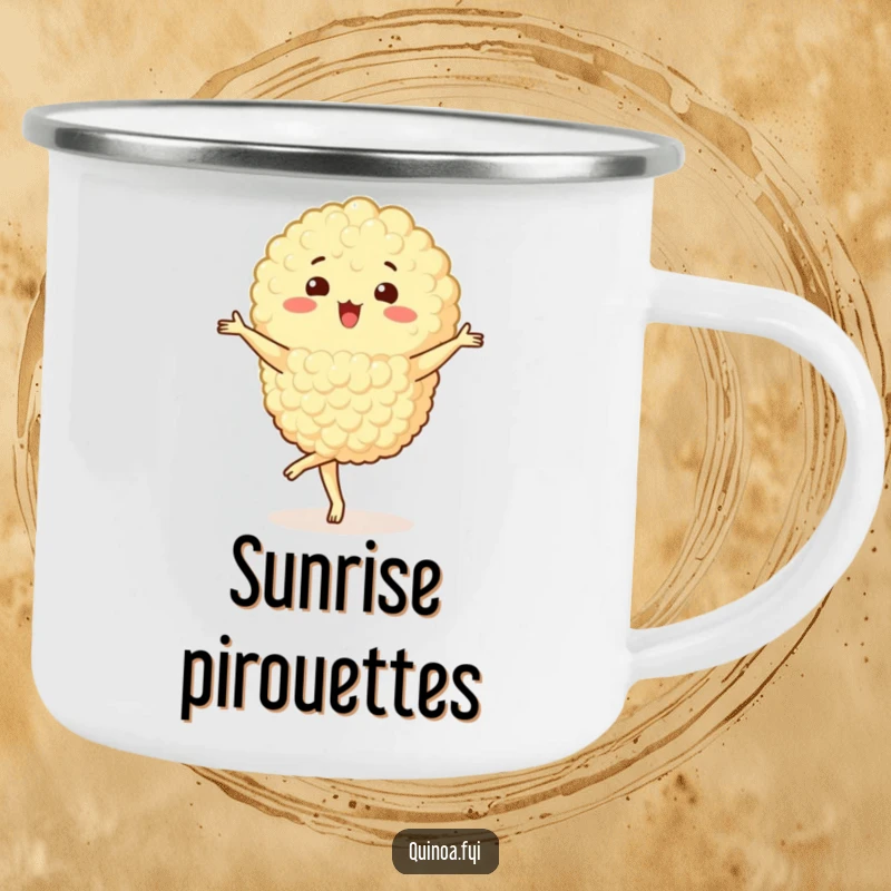 Funny Quinoa Cluster Camping Mug showing a happy character performing a pirouette, adding portable grace and joy to outdoor drinks.