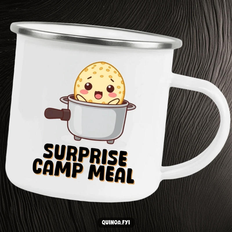 Funny camping mug shows a surprised quinoa grain popping out of a tiny cooking pot, perfect for outdoor chefs.