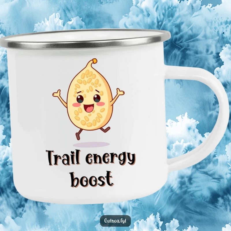 Funny quinoa seed character camping mug, cheerfully bouncing, ready for outdoor adventures and morning coffee or tea.