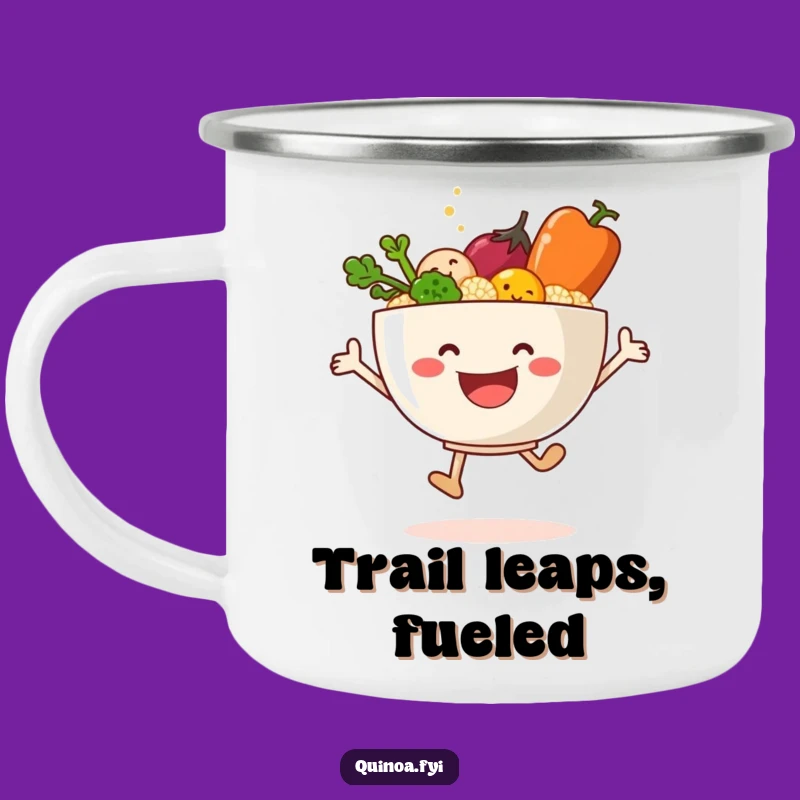 Funny Quinoa Veggie Leap Camping Mug: Adventure Fueled by Healthy Joy!