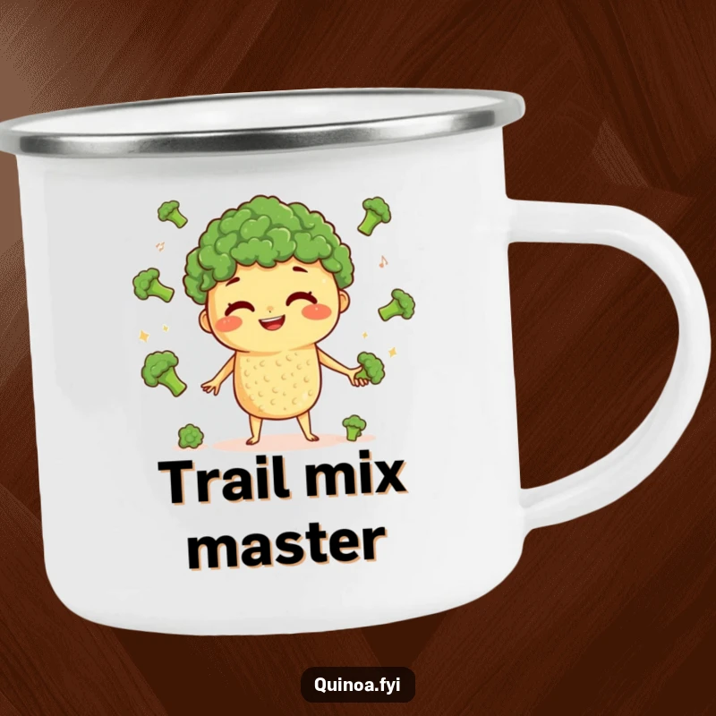 Funny Quinoa Juggling Camping Mug: A curious quinoa character grinning while juggling tiny broccoli florets, ready for outdoor enjoyment.