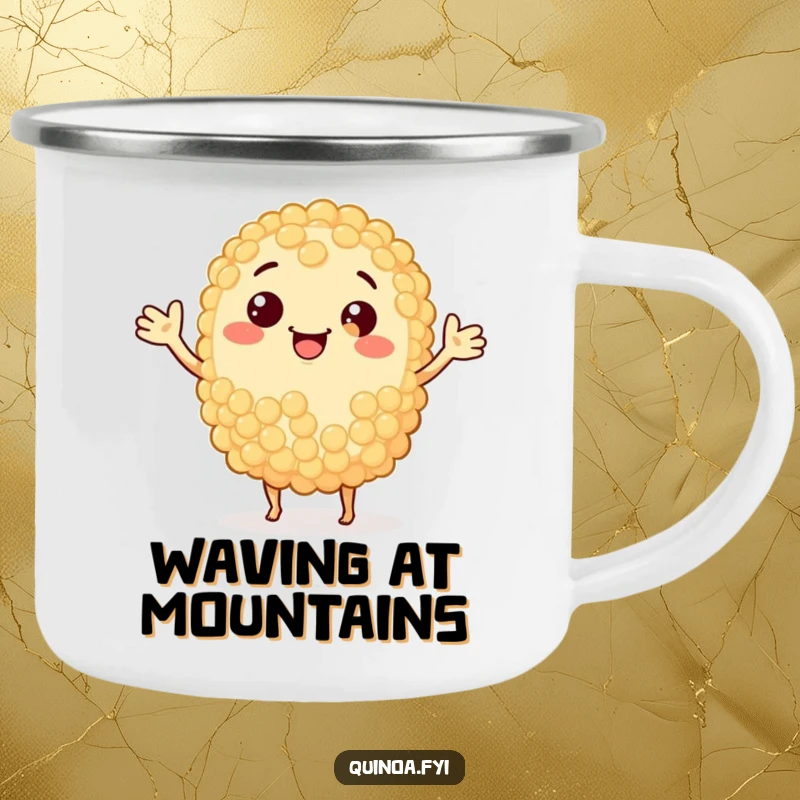 Funny smiling quinoa grain waving hello, bringing warmth to your outdoor adventures.