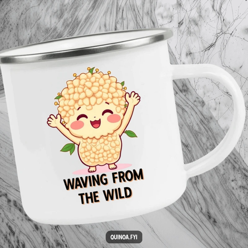 Funny camping mug with a smiling bunch of quinoa with arms waving happily, perfect for outdoor cheer.