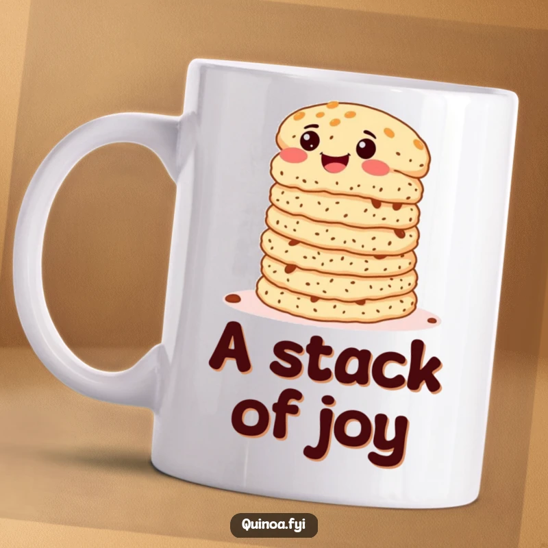 Funny Quinoa Patties Mug featuring a delighted stack of patties wiggling with glee, celebrating delicious food with humor.