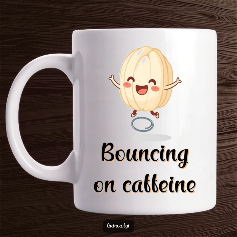 Funny mug with a smiling anthropomorphic grain of rice happily bouncing on a tiny spring, conveying pure delight and playful energy.