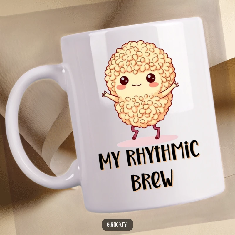 Funny mug featuring a quinoa cluster with little legs joyfully doing a lively jig dance.