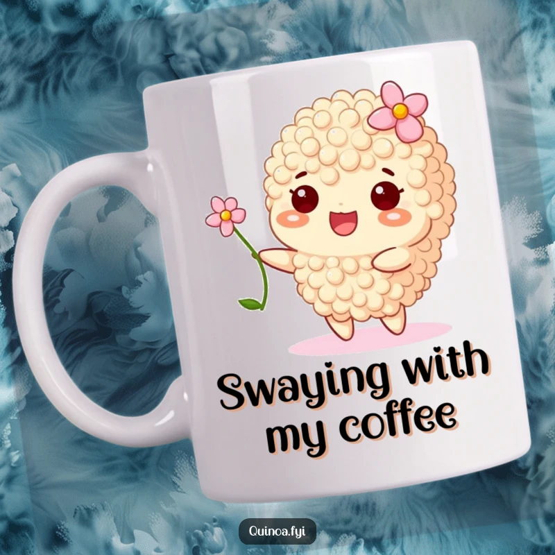 Funny mug displays a smiling quinoa grain wearing a small flower, gently swaying with a serene expression.