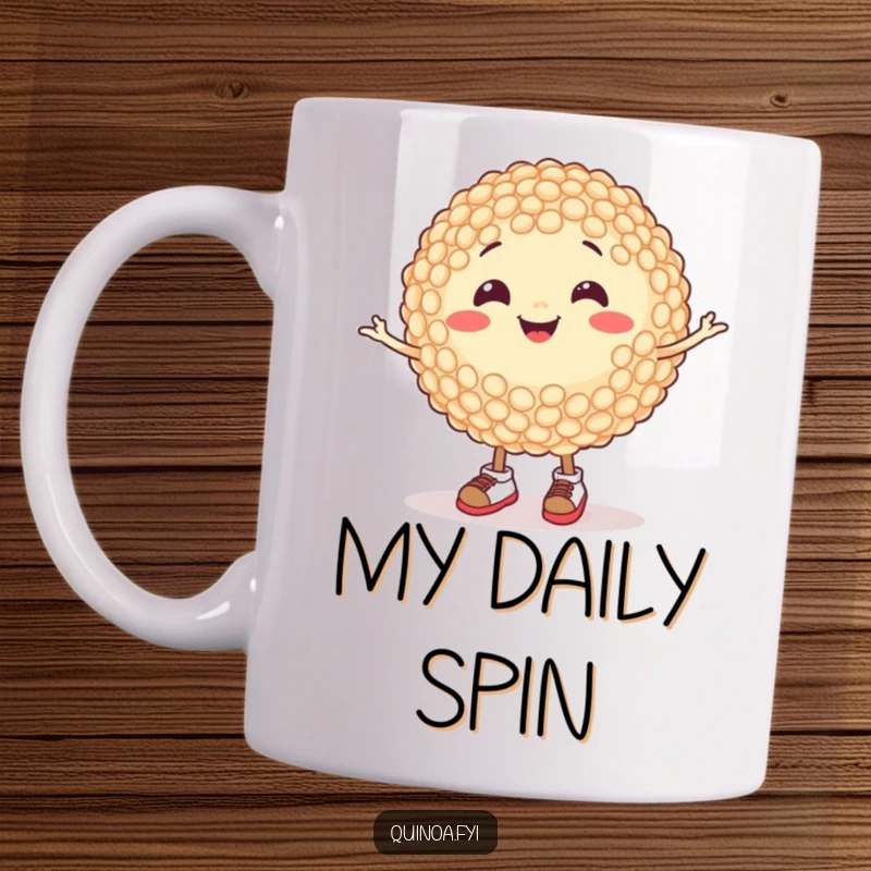 Funny mug with a smiling round quinoa grain wearing tiny shoes and spinning happily, a cheerful and humorous design.