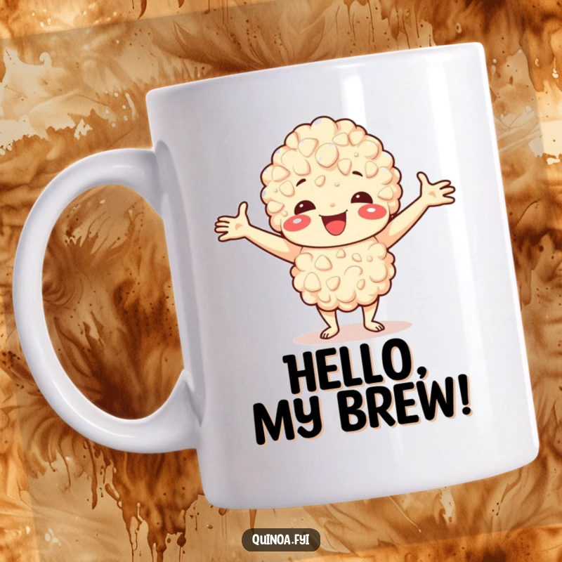 Funny mug featuring a happy quinoa character with arms outstretched in a warm, welcoming embrace.