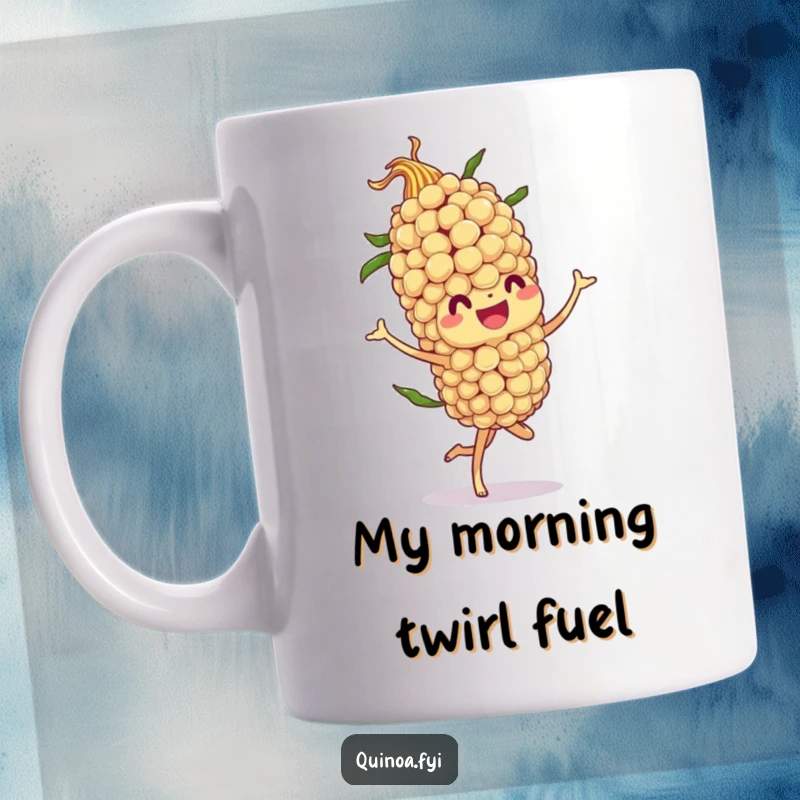Funny mug featuring a jovial quinoa stalk character performing an energetic and flamboyant twirl, radiating pure joy.