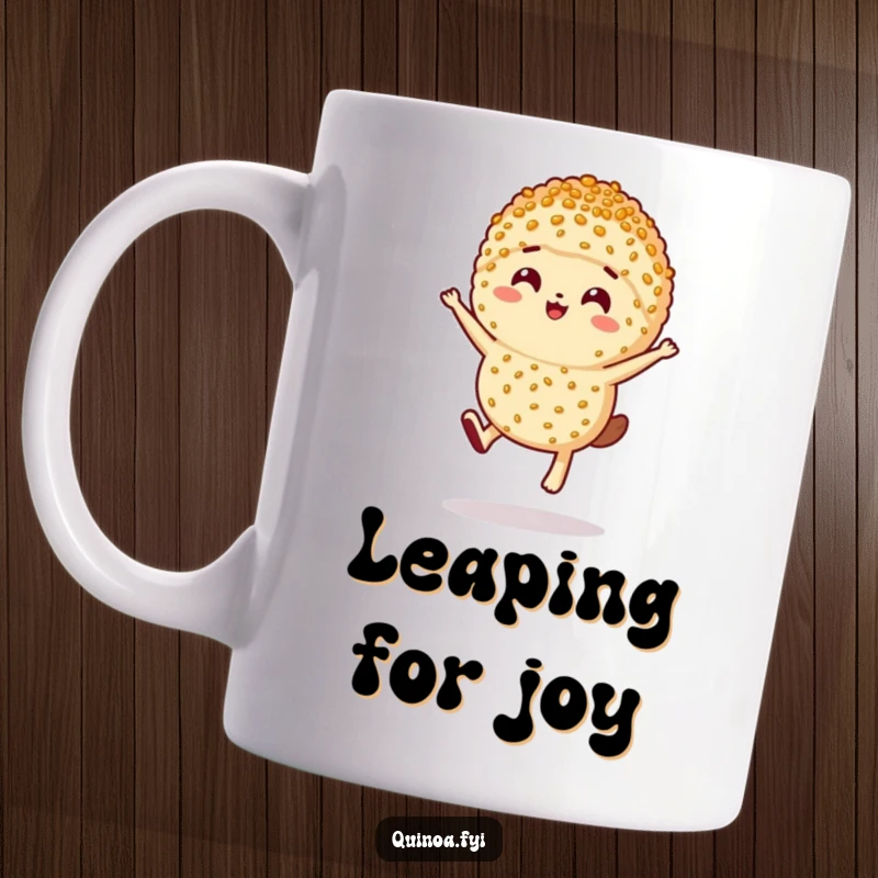 Funny anthropomorphic serving of quinoa with a happy expression mid-air, joyfully leaping forward.