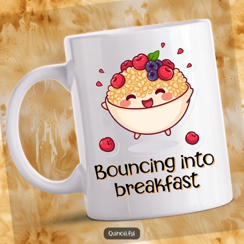 Funny mug art of an anthropomorphic bowl of cooked quinoa with tiny berries joyfully bouncing, full of life.