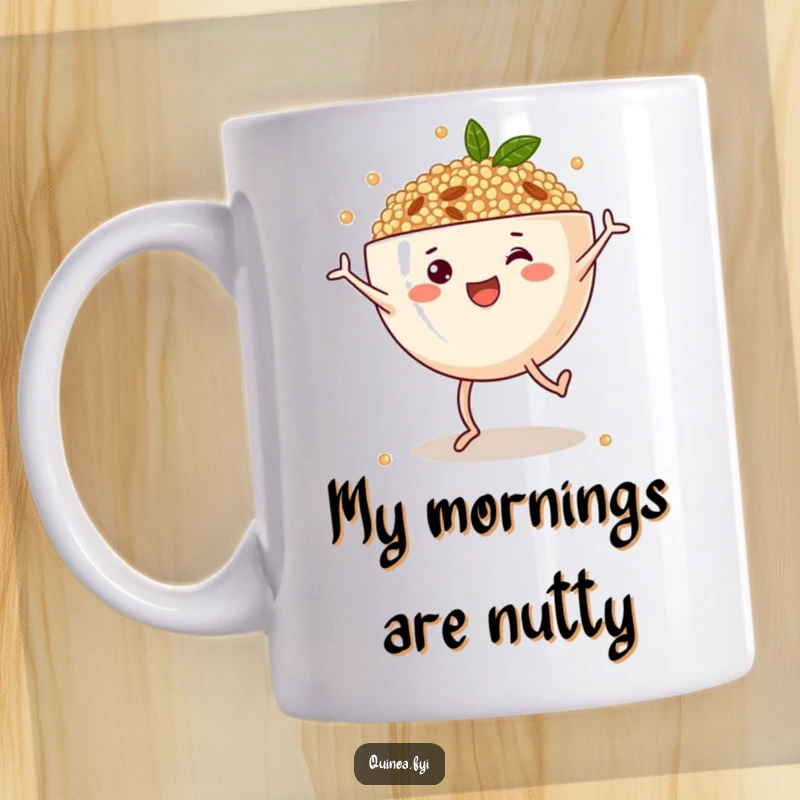 Funny mug featuring a cheerful anthropomorphic quinoa bowl with legs doing energetic cartwheels, showcasing a playful and healthy lifestyle.