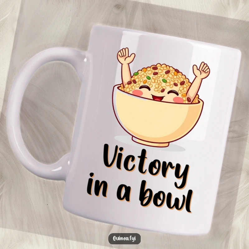 Funny Mug featuring a smiling quinoa bowl with tiny arms raised in a jubilant celebratory pose, radiating happiness and fun.
