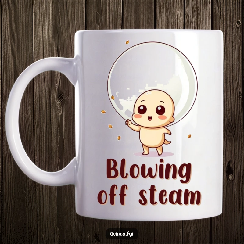 Funny mug featuring a cheerful quinoa character preparing to blow a giant bubble filled with tiny quinoa seeds, full of playful energy.