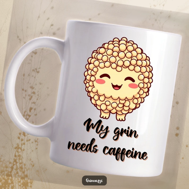 Funny mug featuring a smiling quinoa cluster character with a distinctly cheeky grin, radiating playful mischief.