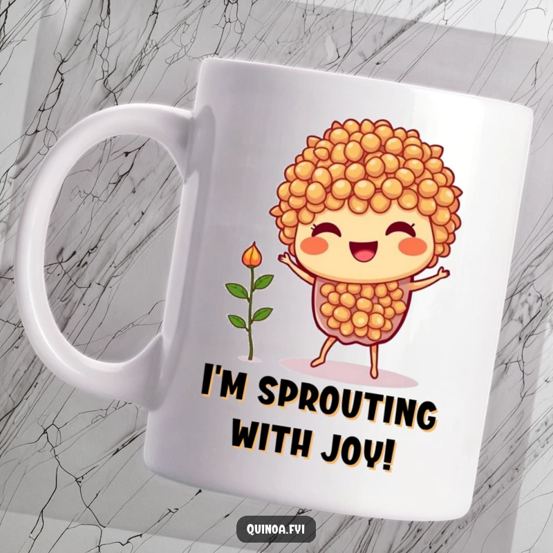 Funny Quinoa Dance Mug: A joyful quinoa character doing a silly dance with a tiny sprout, spreading happiness with every sip.