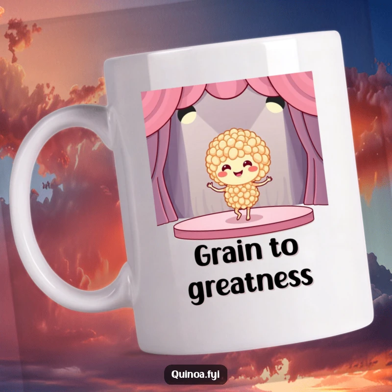 Funny quinoa dancer mug featuring a smiling grain cluster performing a ballet pose on a stage, radiating joy and a love for movement.
