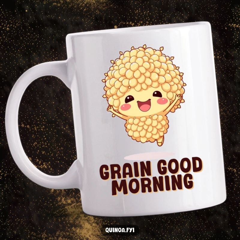 Funny Quinoa Mug: A happy, anthropomorphic quinoa cluster joyfully hops, embodying pure celebration and a positive vibe.