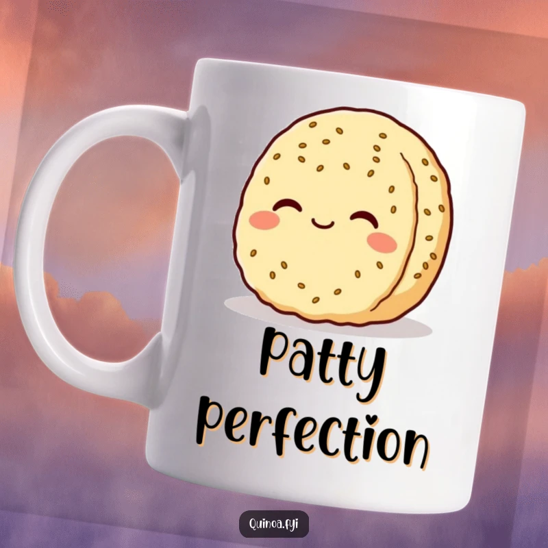 Funny quinoa patty character mug, smiling serenely with a contented expression, embodying peace and quiet satisfaction.