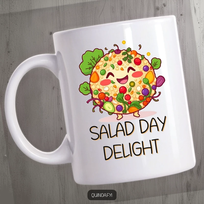 Funny quinoa salad character mug, smiling amidst colorful ingredients, representing a happy and healthy start to the day.