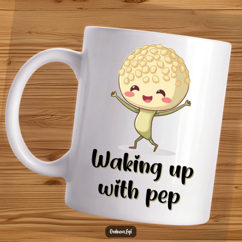 Funny Quinoa Sprout Mug featuring a dancing character whose tiny roots are wiggling with enthusiasm and joy.