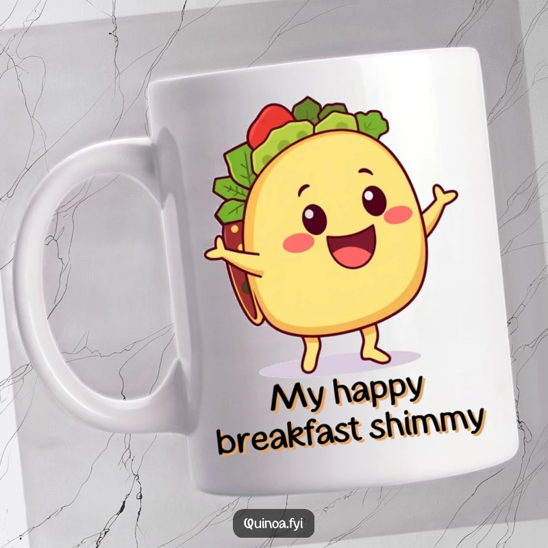 Funny Taco Mug: A delighted taco character with a quinoa filling joyfully doing a happy shimmy, celebrating deliciousness.