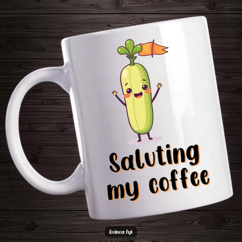 Funny mug featuring a delighted anthropomorphic vegetable stick enthusiastically waving a tiny flag, symbolizing celebration and positive energy.