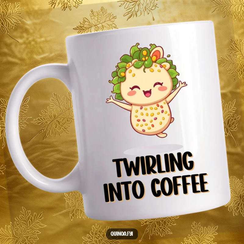 Funny anthropomorphic quinoa salad joyfully winking and performing a graceful twirl, full of zest.