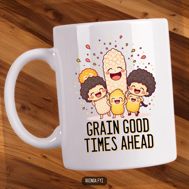 Funny mug depicting a joyful explosion of smiling quinoa characters erupting with infectious laughter, celebrating food and fun.