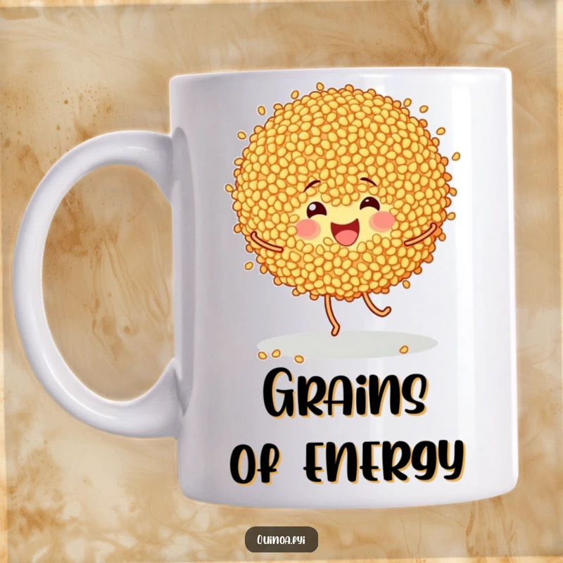 Funny mug featuring a cheerful bunch of quinoa grains enthusiastically doing a happy little dance, celebrating healthy fun.