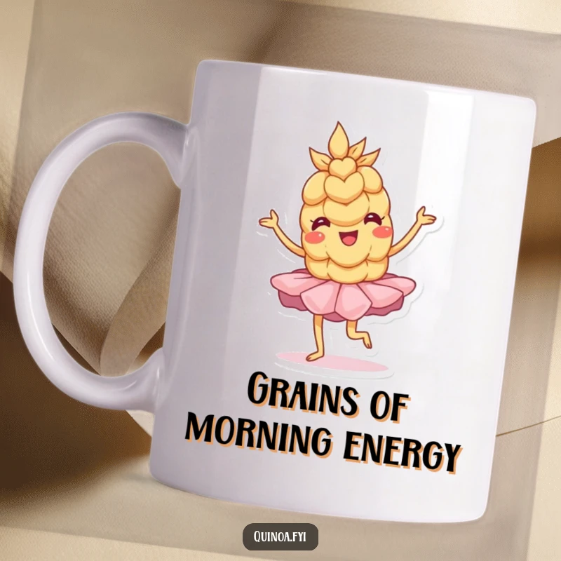 Funny Mug: A wobbly anthropomorphic grain of wheat in a pink tutu strikes a playful ballet pose, full of endearing charm.