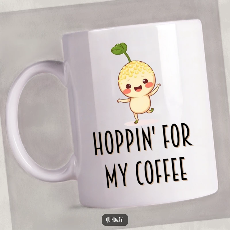 Funny mug showing a cheerful quinoa sprout character doing a happy little hop, radiating pure, unadulterated joy.