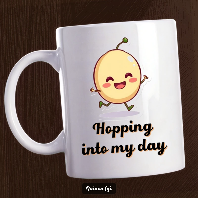Funny mug featuring a smiling anthropomorphic seed doing a playful hop, radiating energy and happiness.